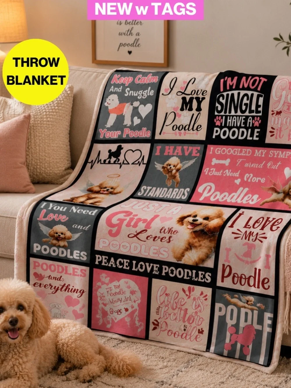 2/for $20 🪩 NEW Pink Poodle Collage Throw Blanket (Size: 3x4 feet)